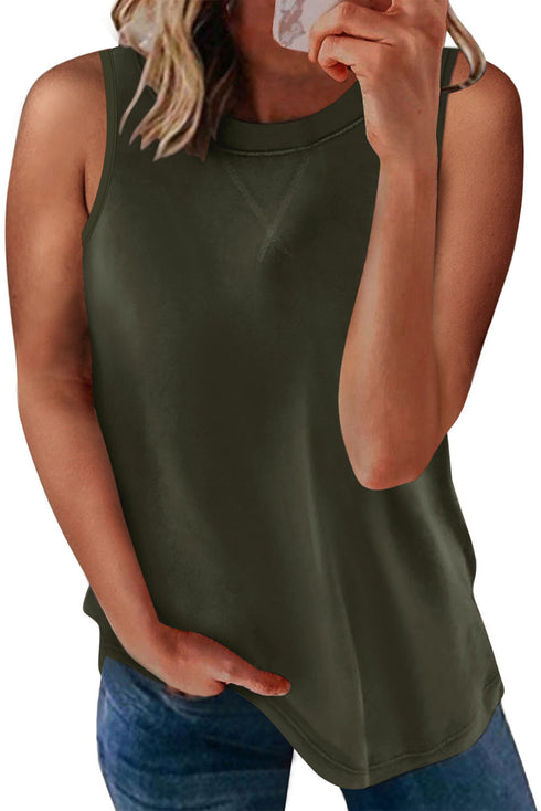 Sleeveless Crew Neck Cross Stitch Detail Casual Tank Top