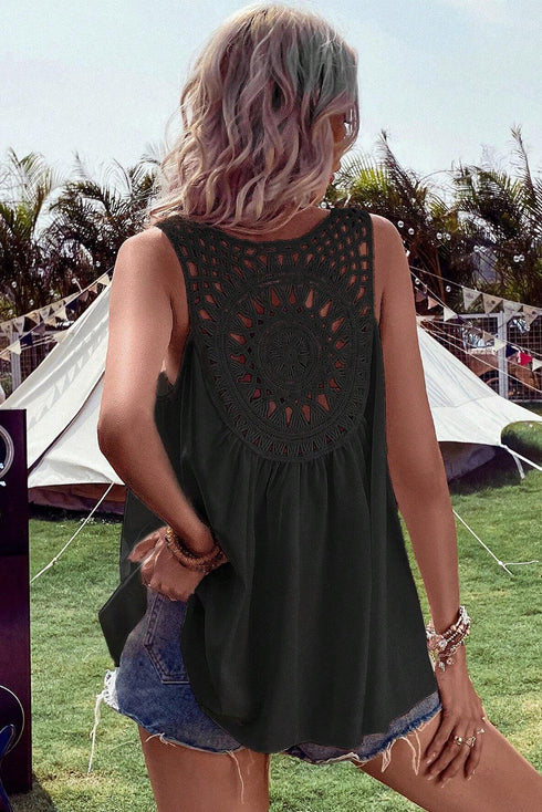 Sleeveless Crochet Medallion Back Flowy Boho Tank Top