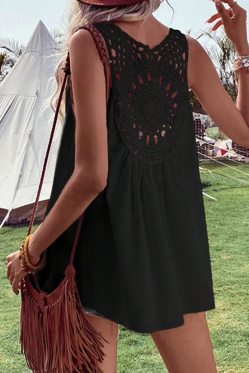 Sleeveless Crochet Medallion Back Flowy Boho Tank Top