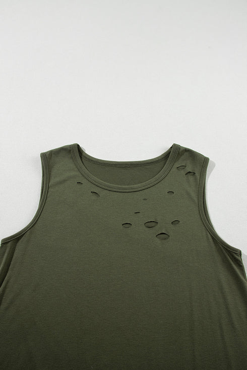 Sleeveless Distressed Cutout Detail Relaxed Fit Tank Top