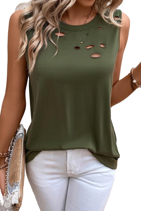 Sleeveless Distressed Cutout Detail Relaxed Fit Tank Top