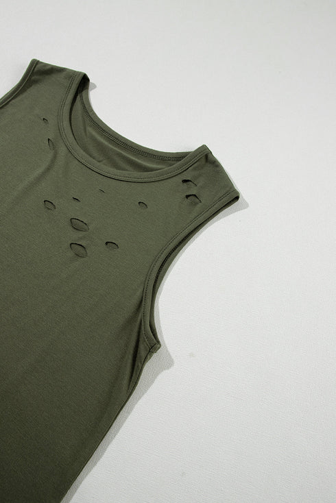 Sleeveless Distressed Cutout Detail Relaxed Fit Tank Top