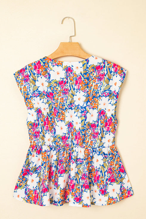 Sleeveless Floral Print Peplum Blouse With Bow Detail