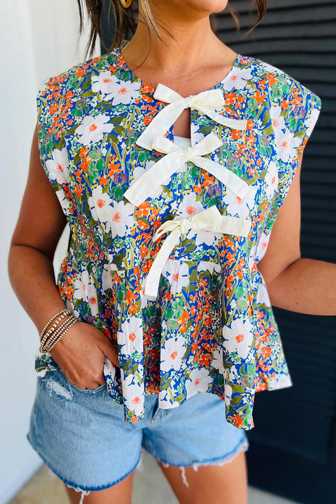 Sleeveless Floral Print Peplum Blouse With Bow Detail