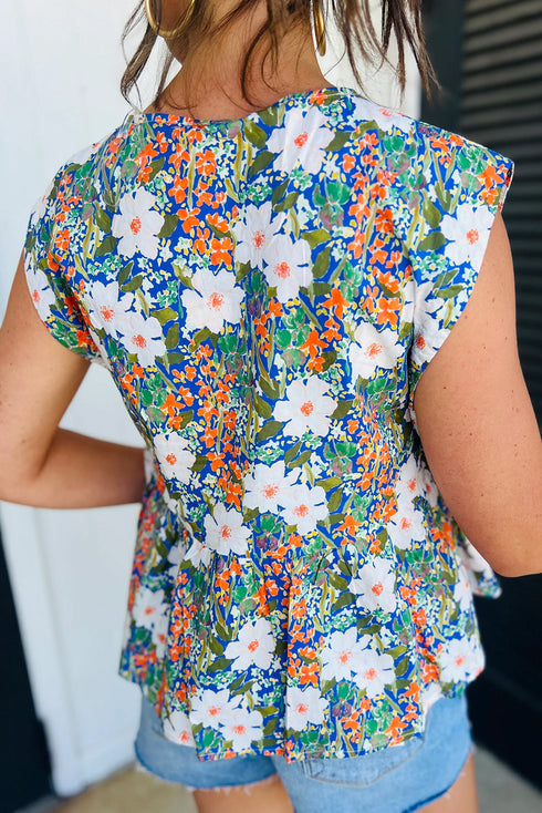Sleeveless Floral Print Peplum Blouse With Bow Detail