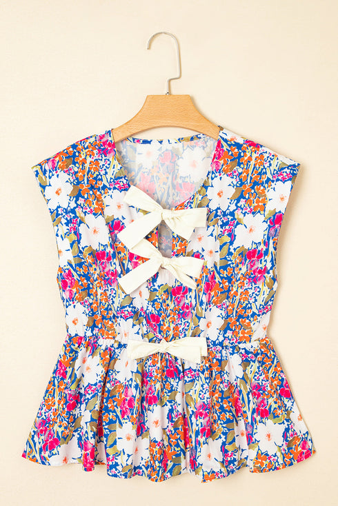 Sleeveless Floral Print Peplum Blouse With Bow Detail