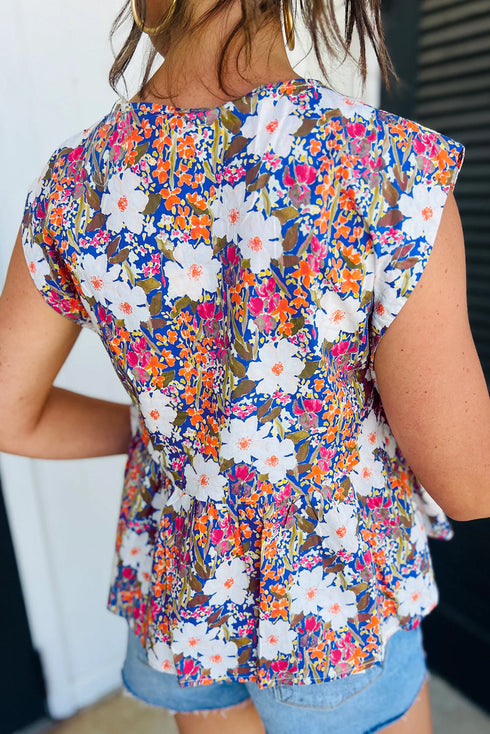 Sleeveless Floral Print Peplum Blouse With Bow Detail
