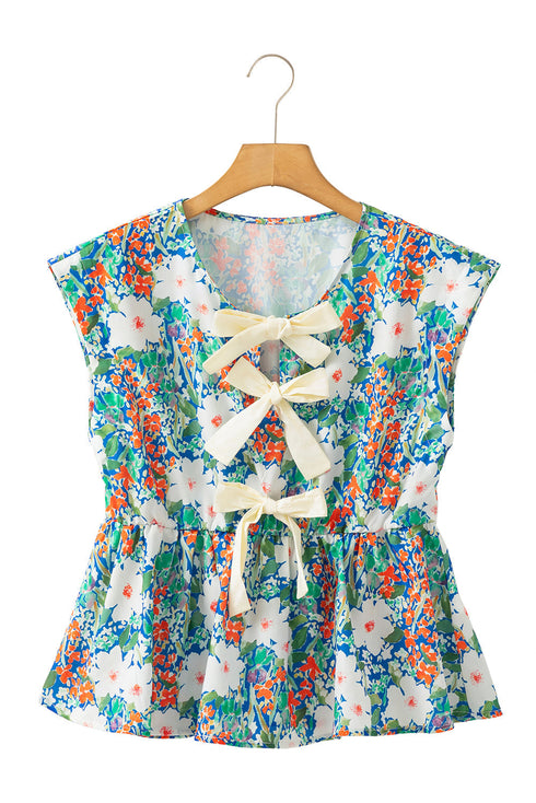 Sleeveless Floral Print Peplum Blouse With Bow Detail