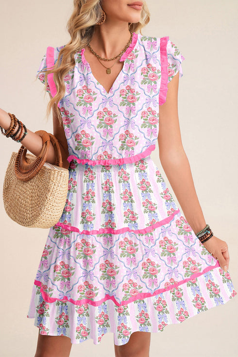 Sleeveless Floral Print Tiered Ruffle A-Line Dress