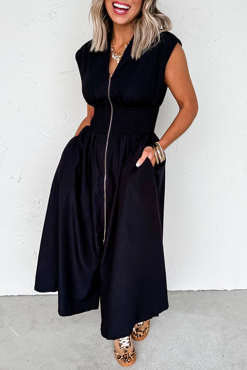 Sleeveless Full Zip Shirred Waist A Line Midi Dress With Pockets