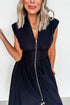 Sleeveless Full Zip Shirred Waist A Line Midi Dress With Pockets