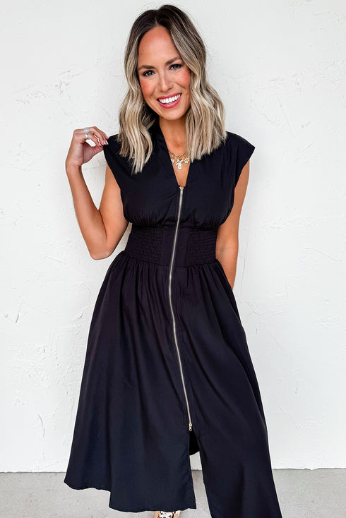 Sleeveless Full Zip Shirred Waist A Line Midi Dress With Pockets