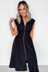 Sleeveless Full Zip Shirred Waist A Line Midi Dress With Pockets