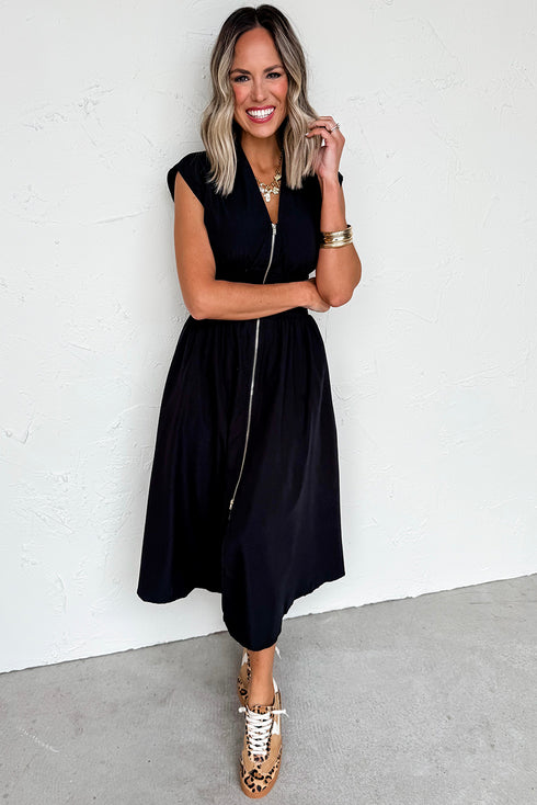 Sleeveless Full Zip Shirred Waist A Line Midi Dress With Pockets