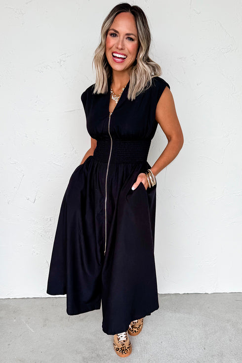 Sleeveless Full Zip Shirred Waist A Line Midi Dress With Pockets