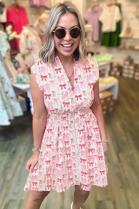 Sleeveless Full Zip Smocked Bow Cinched Waist Mini Dress