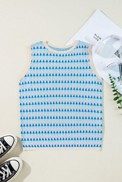 Sleeveless Geometric Pattern Crew Neck Knit Tank Top