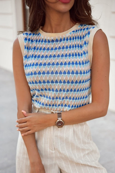 Sleeveless Geometric Pattern Crew Neck Knit Tank Top