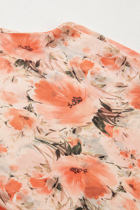 Sleeveless High Neck Mesh Botanical Print Top