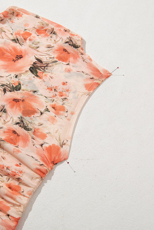 Sleeveless High Neck Mesh Botanical Print Top