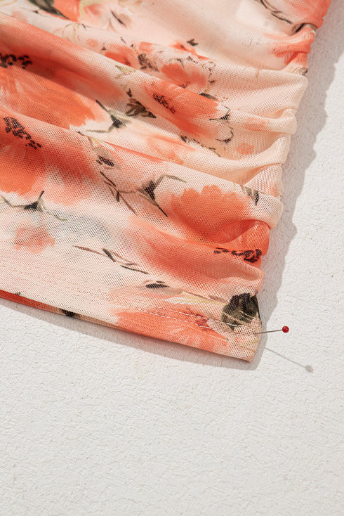Sleeveless High Neck Mesh Botanical Print Top