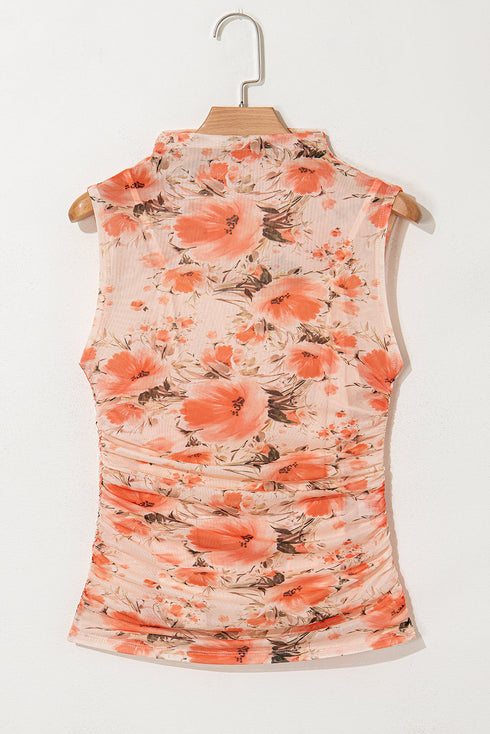 Sleeveless High Neck Mesh Botanical Print Top