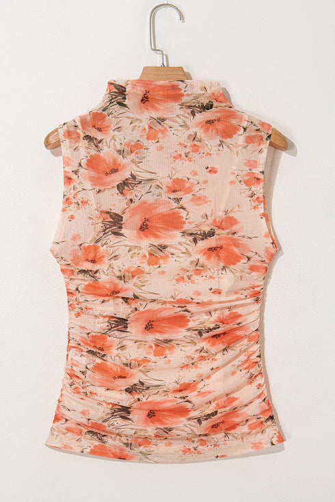 Sleeveless High Neck Mesh Botanical Print Top