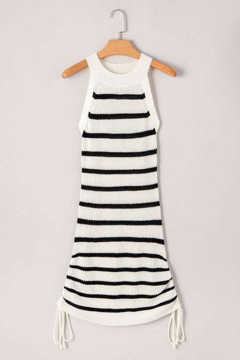 Sleeveless High Neck Striped Ruched Knit Dress