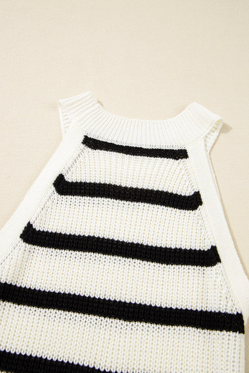 Sleeveless High Neck Striped Ruched Knit Dress