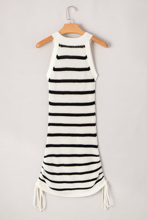 Sleeveless High Neck Striped Ruched Knit Dress