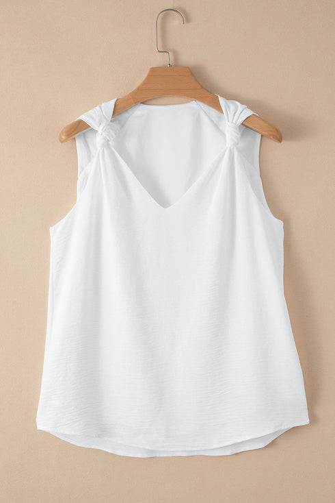 Sleeveless Knot Shoulder V Neck Woven Tank Top