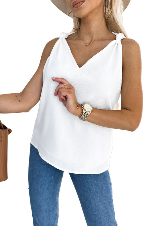 Sleeveless Knot Shoulder V Neck Woven Tank Top
