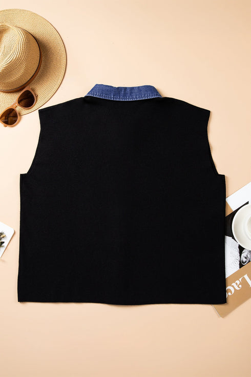Sleeveless Patchwork V Neck Tunic Silhouette Cardigan