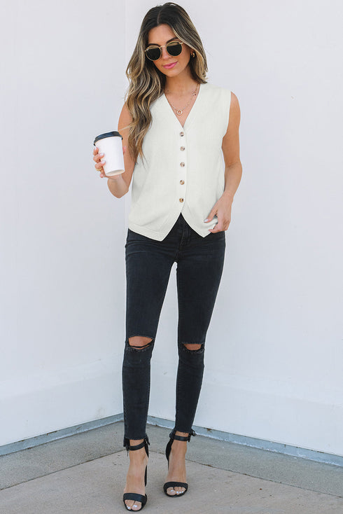 Sleeveless Ribbed Button Down V Neck Sweater Vest