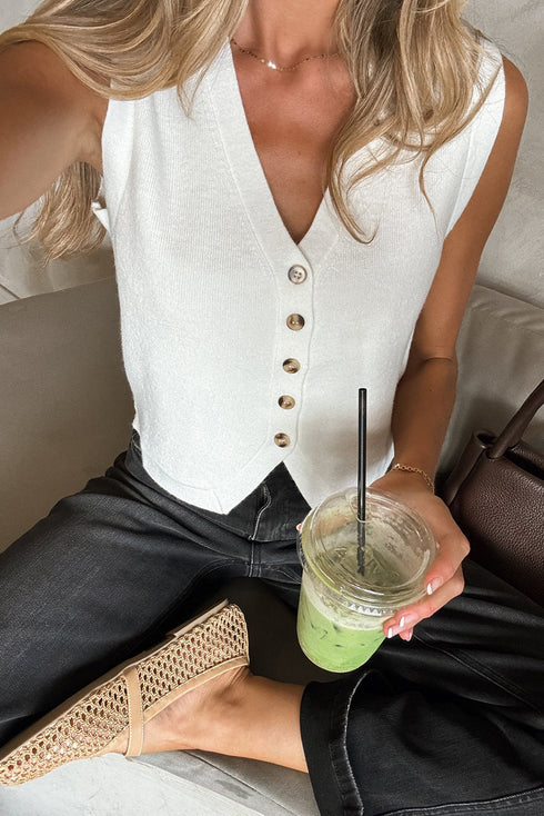 Sleeveless Ribbed Button Down V Neck Sweater Vest