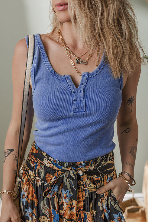 Sleeveless Ribbed Knit Button Front Henley Tank Top