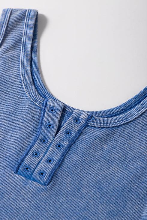 Sleeveless Ribbed Knit Button Front Henley Tank Top