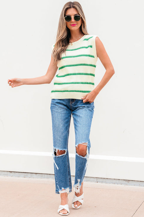 Sleeveless Ribbed Knit Crew Neck Patterned Sweater Vest