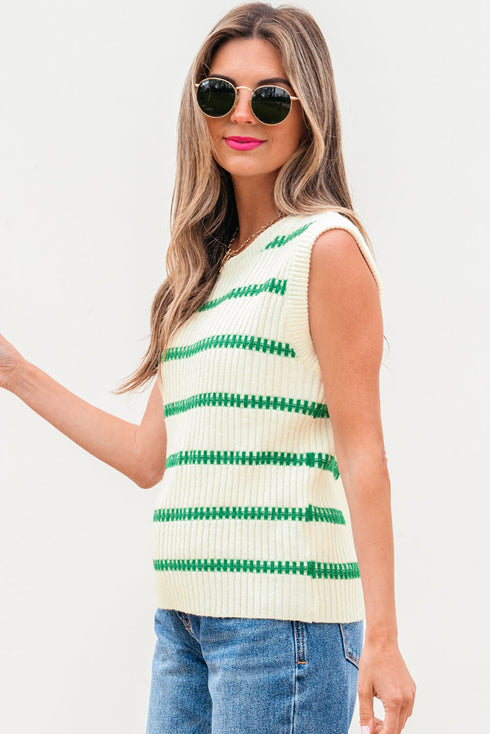 Sleeveless Ribbed Knit Crew Neck Patterned Sweater Vest