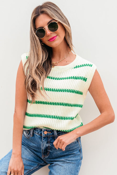 Sleeveless Ribbed Knit Crew Neck Patterned Sweater Vest
