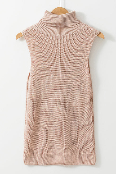 Sleeveless Ribbed Knit Fold Over Turtleneck Sweater