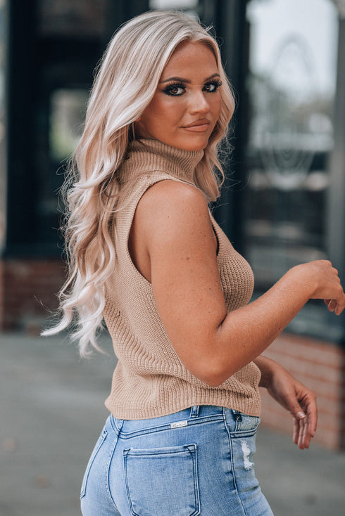 Sleeveless Ribbed Knit Fold Over Turtleneck Sweater