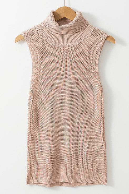 Sleeveless Ribbed Knit Fold Over Turtleneck Sweater