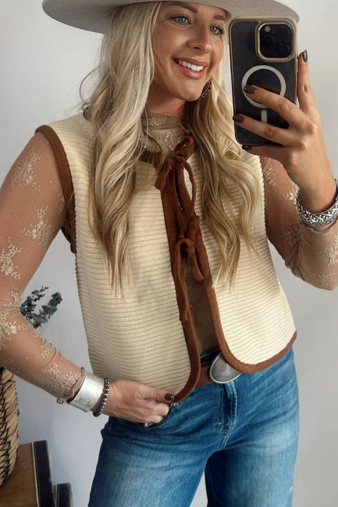 Sleeveless Ribbed Knit Tie Front Sweater Vest