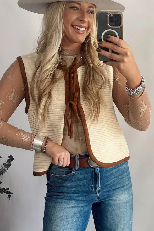 Sleeveless Ribbed Knit Tie Front Sweater Vest