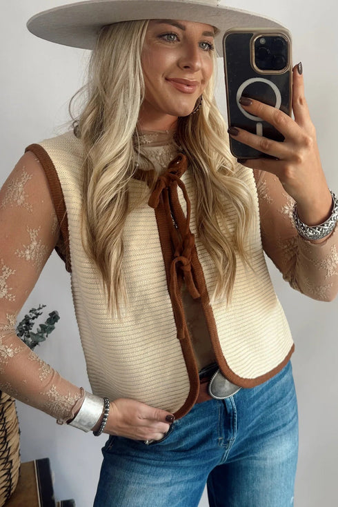 Sleeveless Ribbed Knit Tie Front Sweater Vest
