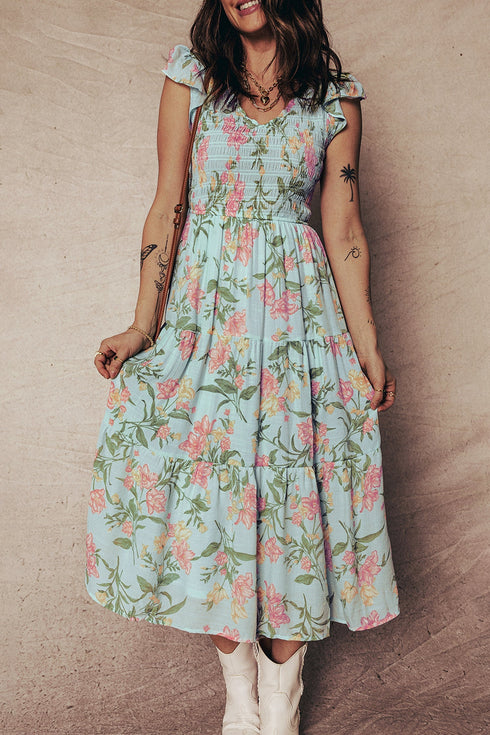 Sleeveless Ruffled Smocked Bodice Floral Print Tiered Maxi Dress