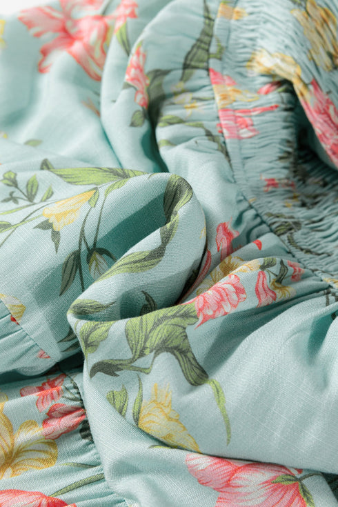 Sleeveless Ruffled Smocked Bodice Floral Print Tiered Maxi Dress