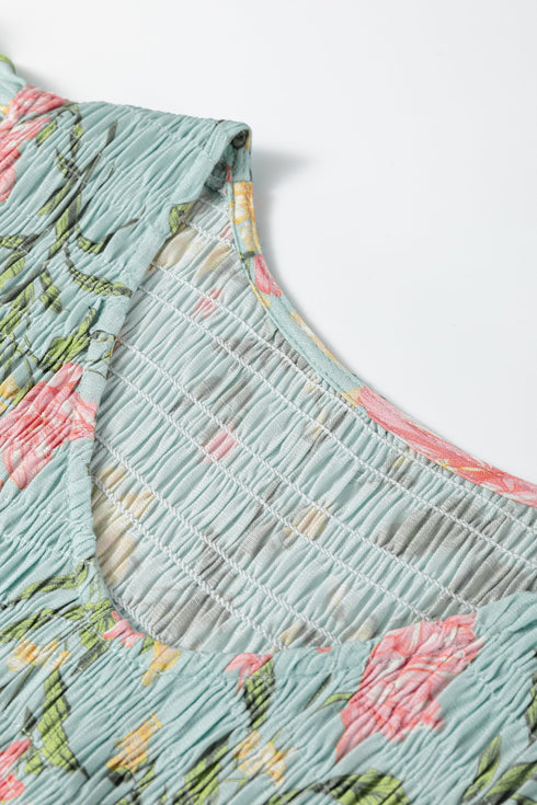 Sleeveless Ruffled Smocked Bodice Floral Print Tiered Maxi Dress
