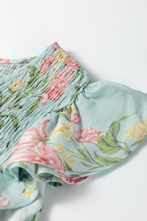 Sleeveless Ruffled Smocked Bodice Floral Print Tiered Maxi Dress